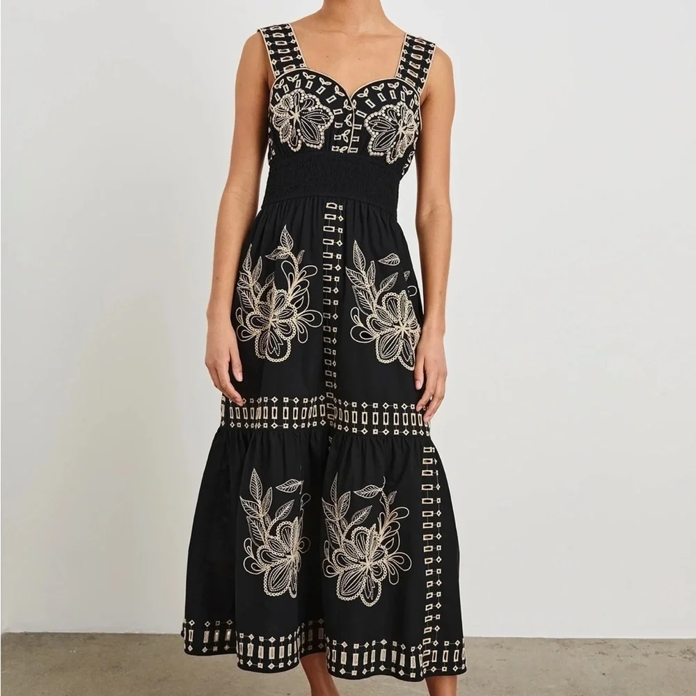 NWT RAILS Fawn Midi Dress Black Tan Embroidered - Picture 3 of 7